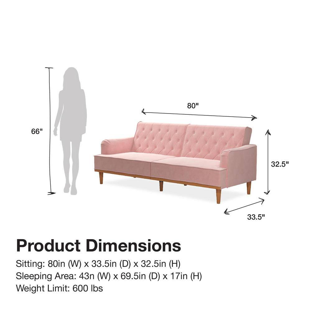 Stella Vintage Pink Velvet Convertible Sofa Bed with Wood Trim