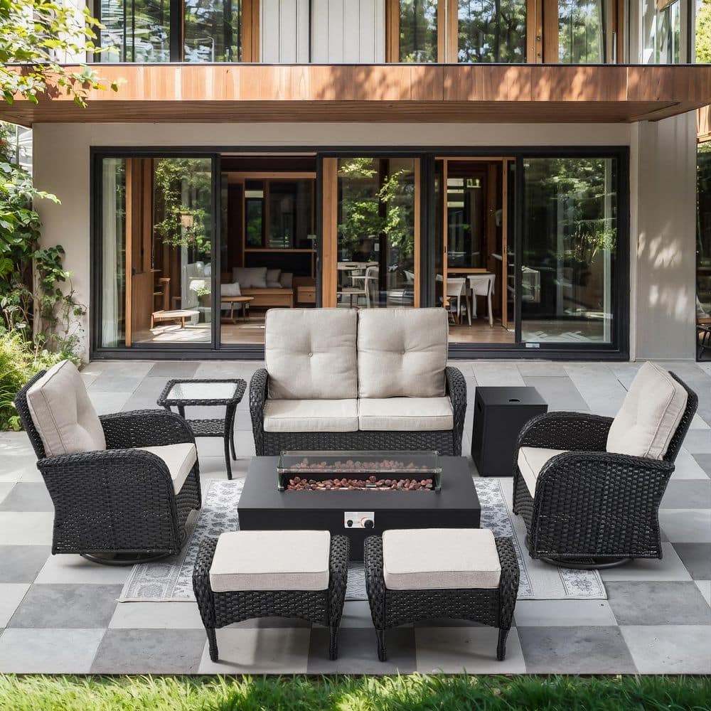 Black 7-Piece Wicker Patio Fire Pit Set, Loveseat Glider Seating Set with Olefin Beige Cushions and Swivel Gliders price history on PriceWatchPro