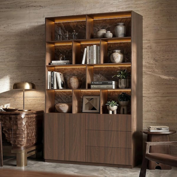 92.5 in. Tall Brown Wood 10-Shelf Standard Bookcase with China Cabinet, Accent Cabinet, Garage Cabinet, Food Pantry