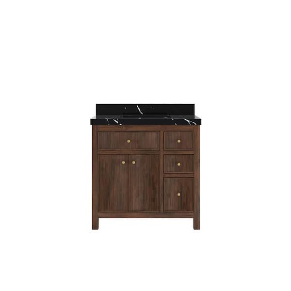 Willow Collections Sonoma Teak 36 in. Single Sink Freestanding Dark Walnut Bath Vanity with Calcutta Black Quartz Top Unassembled