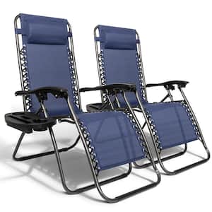Zero Gravity Metal Folding Reclining Blue Fabric Lawn Chair with Cup Holder (Set of 2)