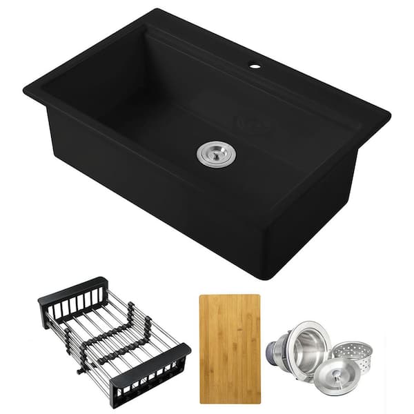 Black Fireclay 33 in. Single Bowl Drop-in Mount Workstation Kitchen Sink with Basket Strainer