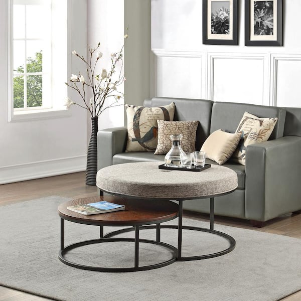 FirsTime & Co. 36 x 36 x 18 in Round FirsTime & Co. Gray And Brown Corbett Nesting Ottoman And Coffee Table 2-Piece Set, Fabric Top