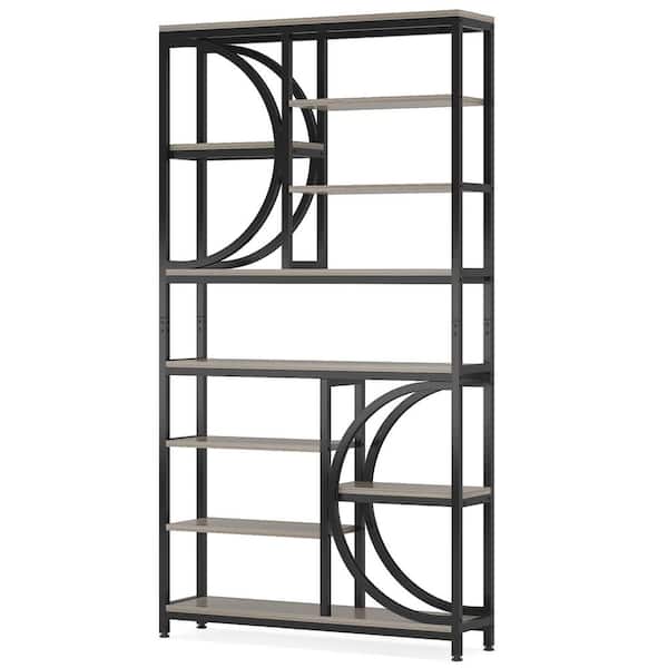 BYBLIGHT Eulas 76.77 in. Tall Gray and Black Engineered Wood 10-Shelf Etagere Bookcase Display Shelves Book Storage Organizer