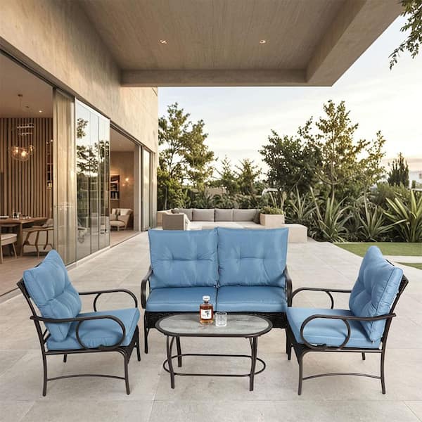 Sudzendf 4-Piece Wicker Outdoor Sofa Sectional Set Conversation Set with Blue Cushions