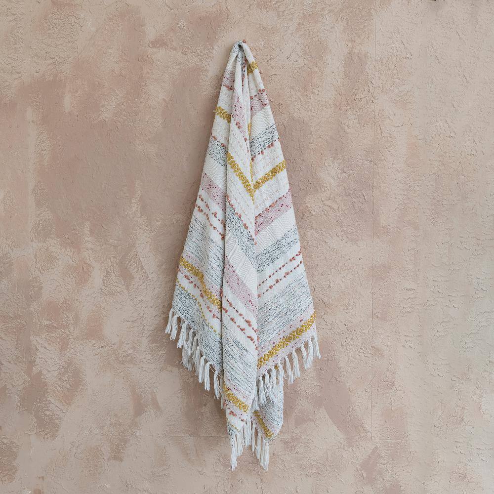 Multicolor Woven Cotton Striped and Embroidered Throw Blanket with Fringe