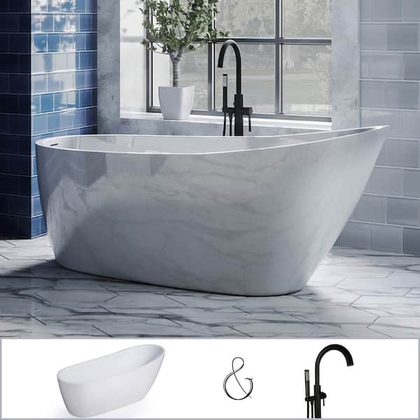 PELHAM & WHITE W-I-D-E Series Wakefield 60 in. Acrylic Slipper Freestanding Tub in White, Floor-Mount Single-Post Faucet in Matte Black