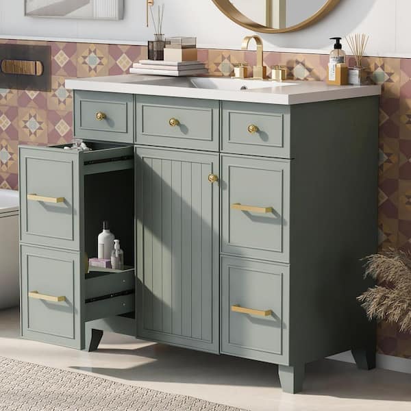 Unbranded 36 in. W x 18 in. D x 34.3 in. H Single Freestanding Bath Vanity in Green with White Resin Top