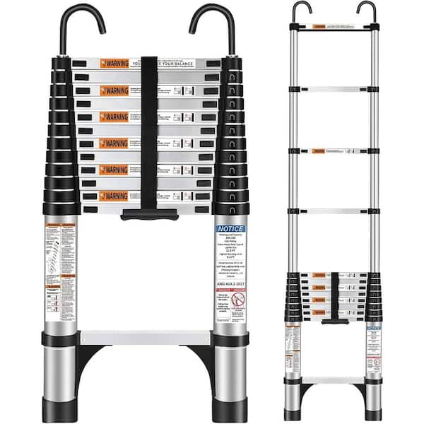 Unbranded 12.5 ft. Aluminum Telescoping Ladder with Hooks, 330 lbs. Capacity, Multi-Purpose Collapsible Ladder