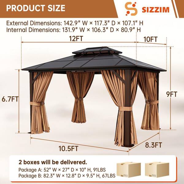 Sizzim 12 ft. x 10 ft. Hardtop Outdoor Double Roof Gazebo