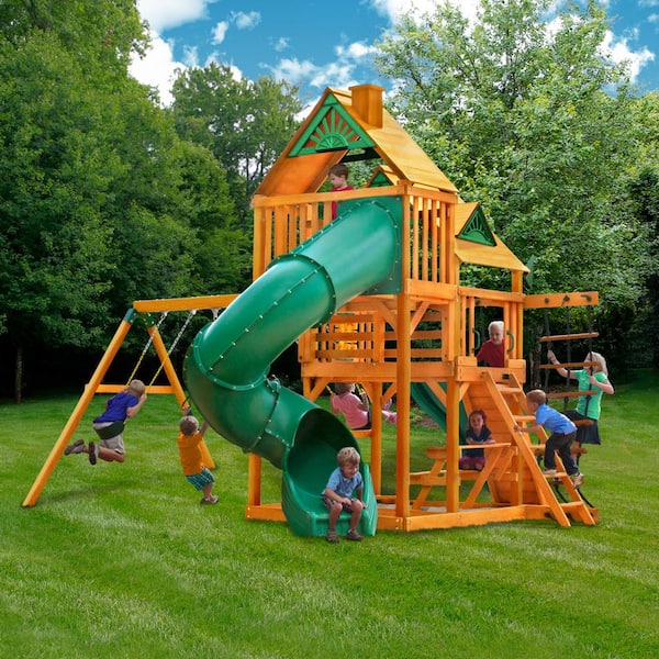 Rock Wall Amber Gorilla Playsets 01-0030-AP-2 Great Skye I Wood Swing Set with Sunbrella Canvas Canopy and Tube Slide 