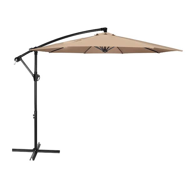 COOLSHARK 10ft. Cantilever Patio Umbrella Outdoor Market Umbrella with Crank and Base for Market, Pool, Picnic, Deck, Tan