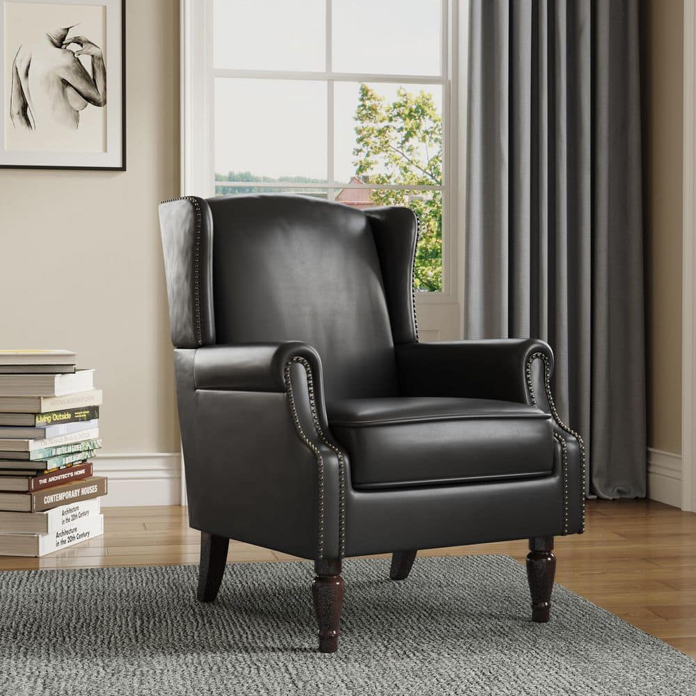 Uixe Black PU Leather Nailhead Trim Upholstered High Back Accent Arm Chair with Wood Legs (Set of 1), image size:1000x1000