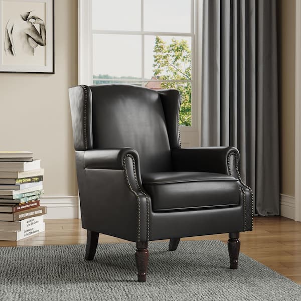 Black PU Leather Nailhead Trim Upholstered High Back Accent Arm Chair With Wood Legs (Set of 1)