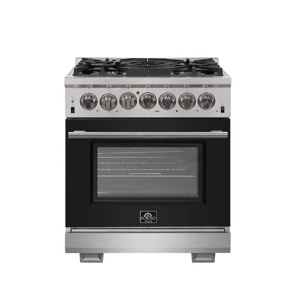 Forno Capriasca 30 in 4.32 cu. ft. Dual Fuel Range with Gas Stove and Electric Oven 5 Burners in Stainless Steel w/Black Door