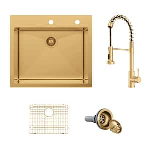 25 in. Drop-In Single Bowl 18-Gauge Gold Stainless Steel Kitchen Sink with Spring Neck Faucet