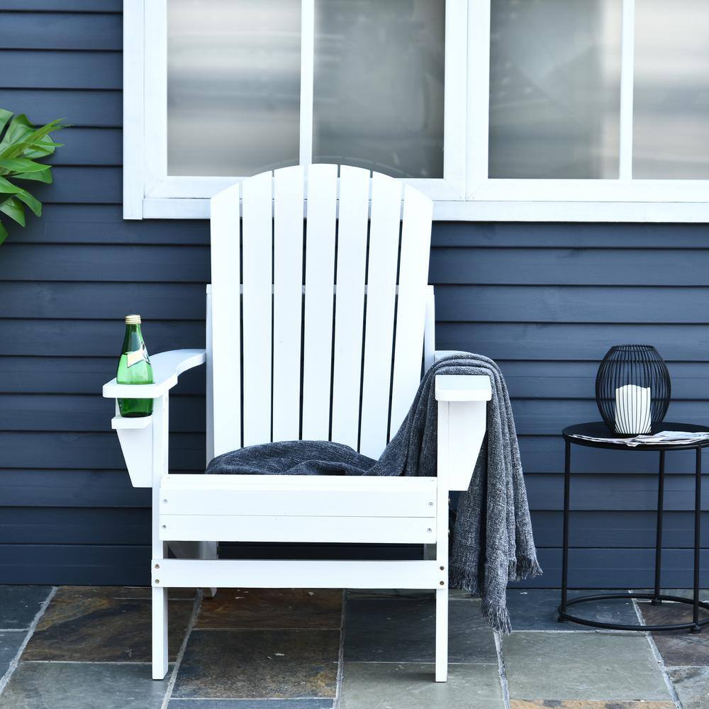 White Wooden Adirondack Chair with Cupholder for Deck