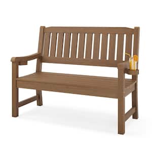 Lowis Brown 2-Person Plastic Outdoor Bench with Cup Holder All-Weather HDPS Garden Bench Waterproof for Backyard