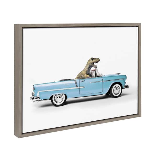 Kate and Laurel Sylvie Dino Driving 1958 Blue Corvette by Saint and Sailor Studios Gray Framed Art Print 18 in. x 24 in.