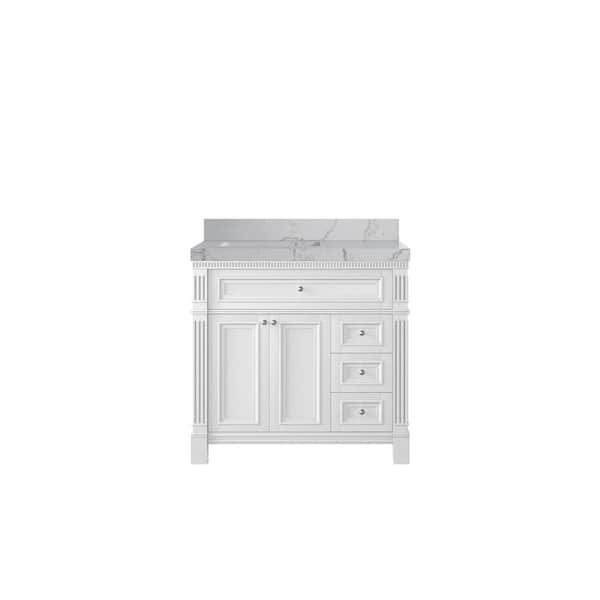 Willow Collections Paris 36 in. W x 22 in. D x 36 in. H Left Offset Sink Bath Vanity in White with 2 in. Venatino qt. Top
