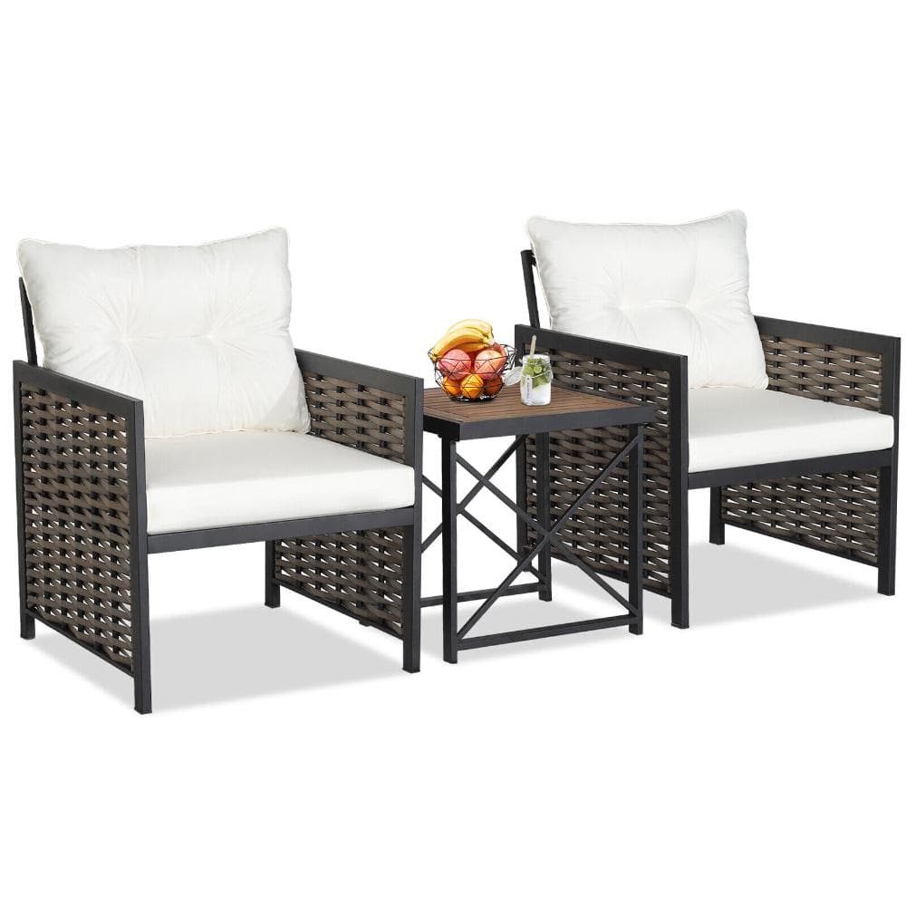 3-Piece Wicker Patio Conversation Set with White Cushions, 2 Chairs and Acacia Wood Top Coffee Table price history on PriceWatchPro