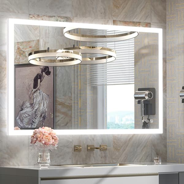 KeonJinn 40 in. W x 24 in. H Large Rectangular Frameless LED Light Anti-Fog Acrylic Sensor Wall Bathroom Vanity Mirror