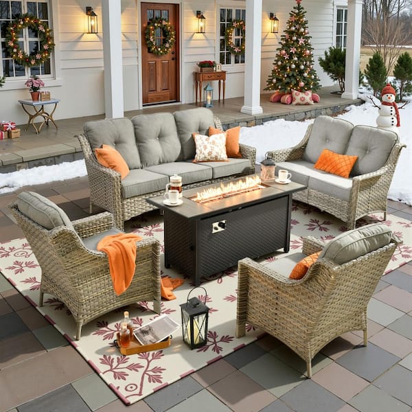 Eureka 5-Piece Wicker Outdoor Fire Pit Patio Conversation Sofa Seating Set with Dark Gray Cushions