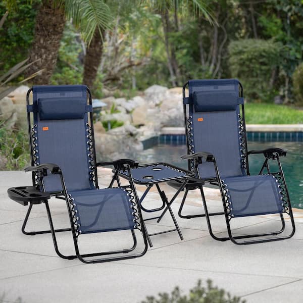 Otryad Steel Outdoor Lounge Chair in Blue Set of 2, Folding Zero Gravity Chairs with Side Table, Cupholders and Headrest
