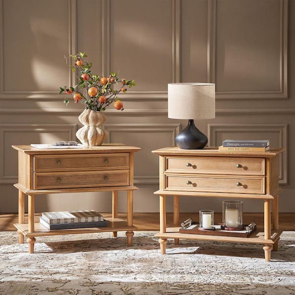 Constantin Oak 1-Drawer 28.4 in. W Nightstand with Built-In Outlets and USB Ports (Set of 2)