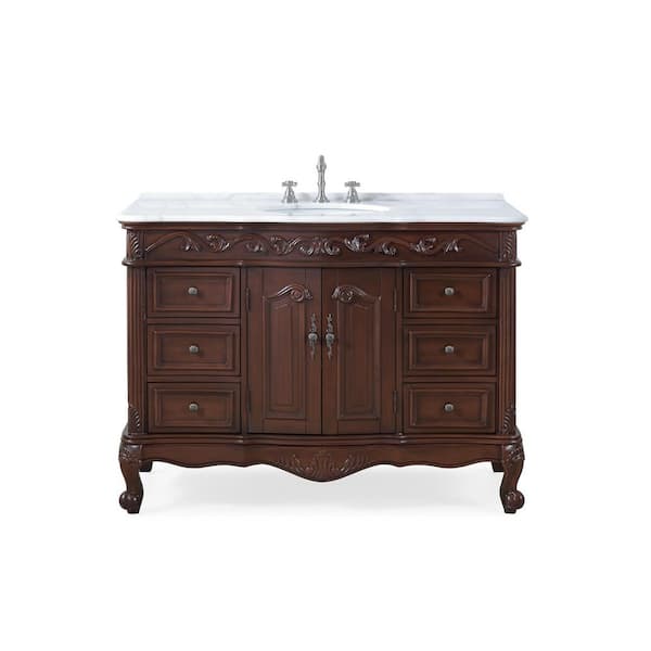 Beckham 48 in. W x 22 in. D x 36 in. H Bathroom Vanity in Dark Brown with Single Sink White Marble Top and Mirror