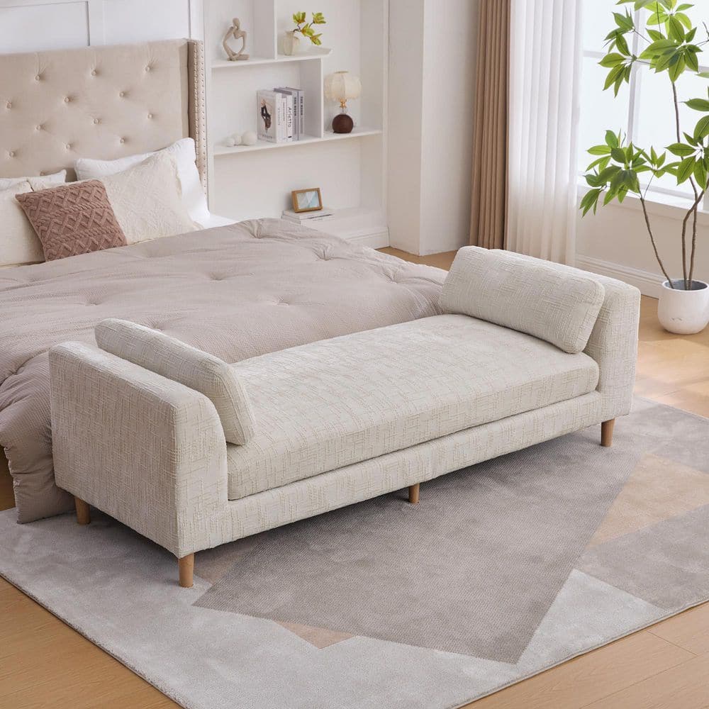 Torvane Modern Beige 83.1 in. Backless Chenille Upholstered Bedroom Bench with Square Arms, Pillows, Solid Wood Legs