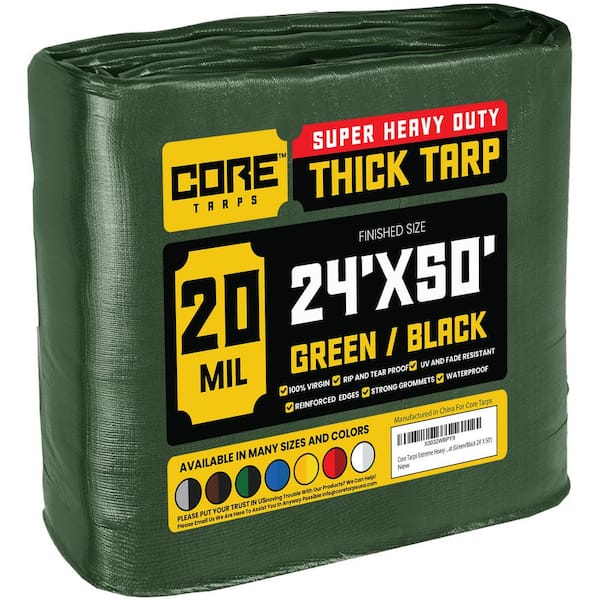 CORE TARPS 24 ft. x 50 ft. Green/Black 20 Mil Heavy Duty Polyethylene Tarp, Waterproof, UV Resistant, Rip and Tear Proof