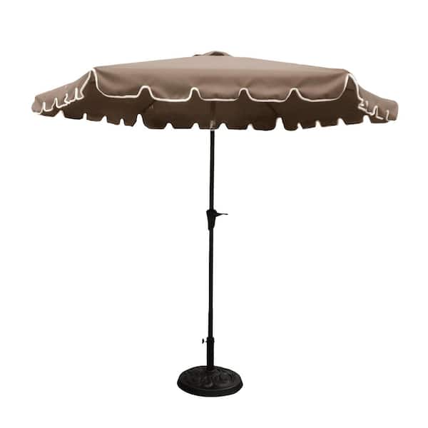 maocao hoom 9 ft. Outdoor Aluminum Scalloped Edge Patio Umbrella with 33 pounds Round Resin Umbrella Base in Brown