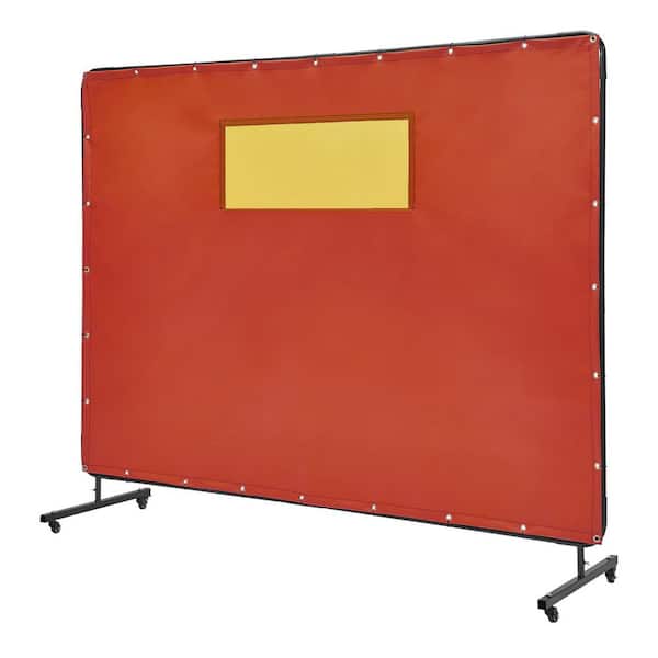 6 ft. x 8 ft. Welding Curtain Welding Screen Fireproof Fiberglass with 4-Wheels Window for Workshop, Red