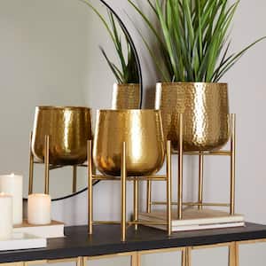 17 in., and 19 in. Medium Gold Metal Deep Recessed Dome Planter with Removable Stand (2- Pack)