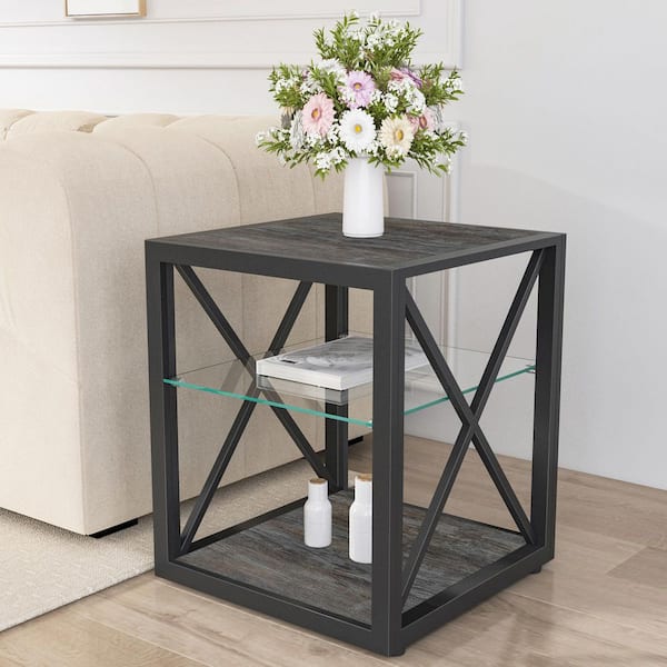 1 Piece Industrial Modern 18 in. Brown and Black Rectangle Tempered Glass Nightstand with X-Frame and 3-Tier Storage