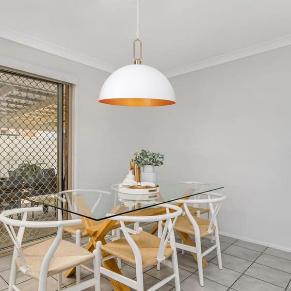 1-Light White and Gold Dome Hanging Pendant Light Chandelier Lighting Fixture with Metal Cover for Kitchen Island
