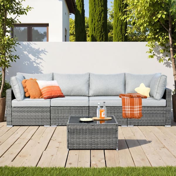 weaxty W Daffodil E Gray 5-Piece Wicker Patio Conversation Sofa Set with Light Gray Cushions