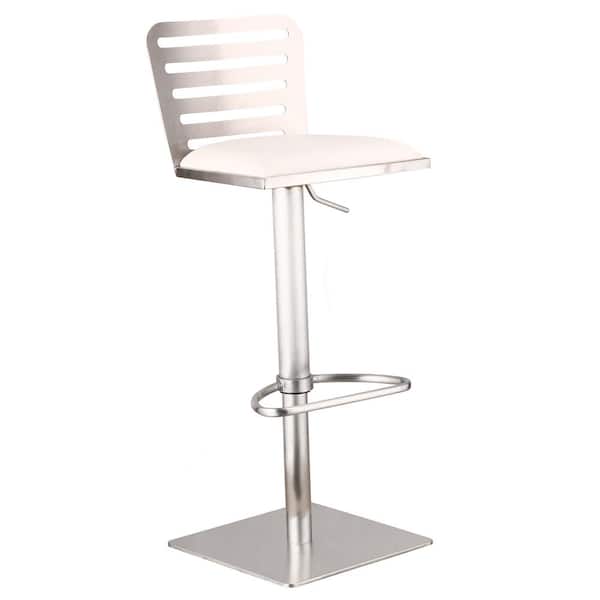 Armen Living Miranda Adjustable Brushed Stainless Steel Bar Stool in White Faux Leather