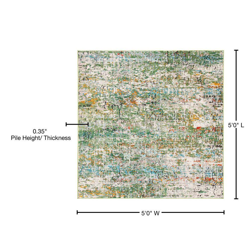 Green and Turquoise Abstract 5' Square Synthetic Area Rug