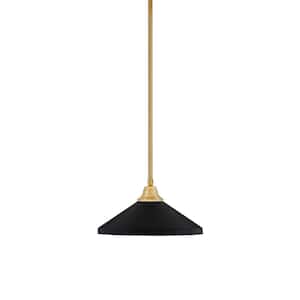 Sparta 100-Watt 1-Light New Age Brass Stem Pendant Light with Matte Black Cone Metal Shade and Light Bulb Not Included