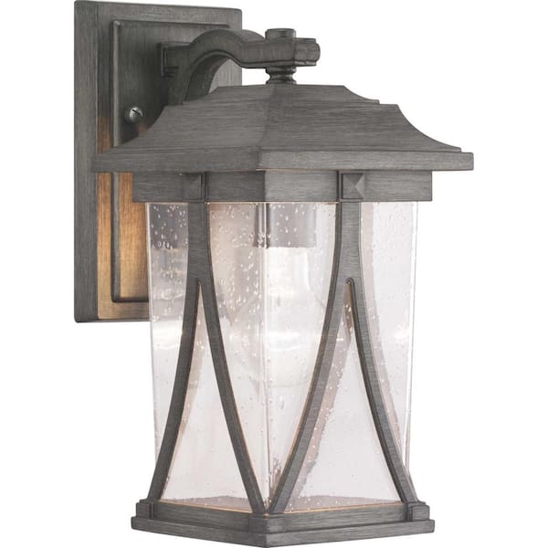 Progress Lighting Abbott Collection 1-Light Antique Pewter Clear Seeded Glass Craftsman Outdoor Small Wall Lantern Light