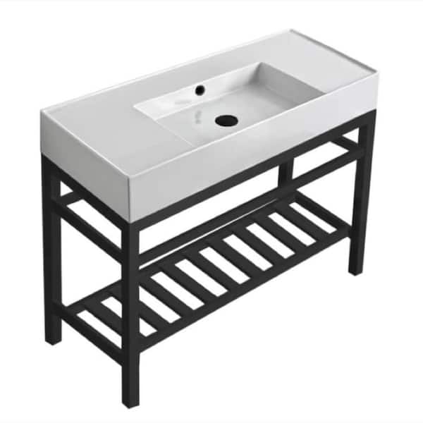 Nameeks Teorema 2-Ceramic White Console Sink and Leg Combo in Matte Black