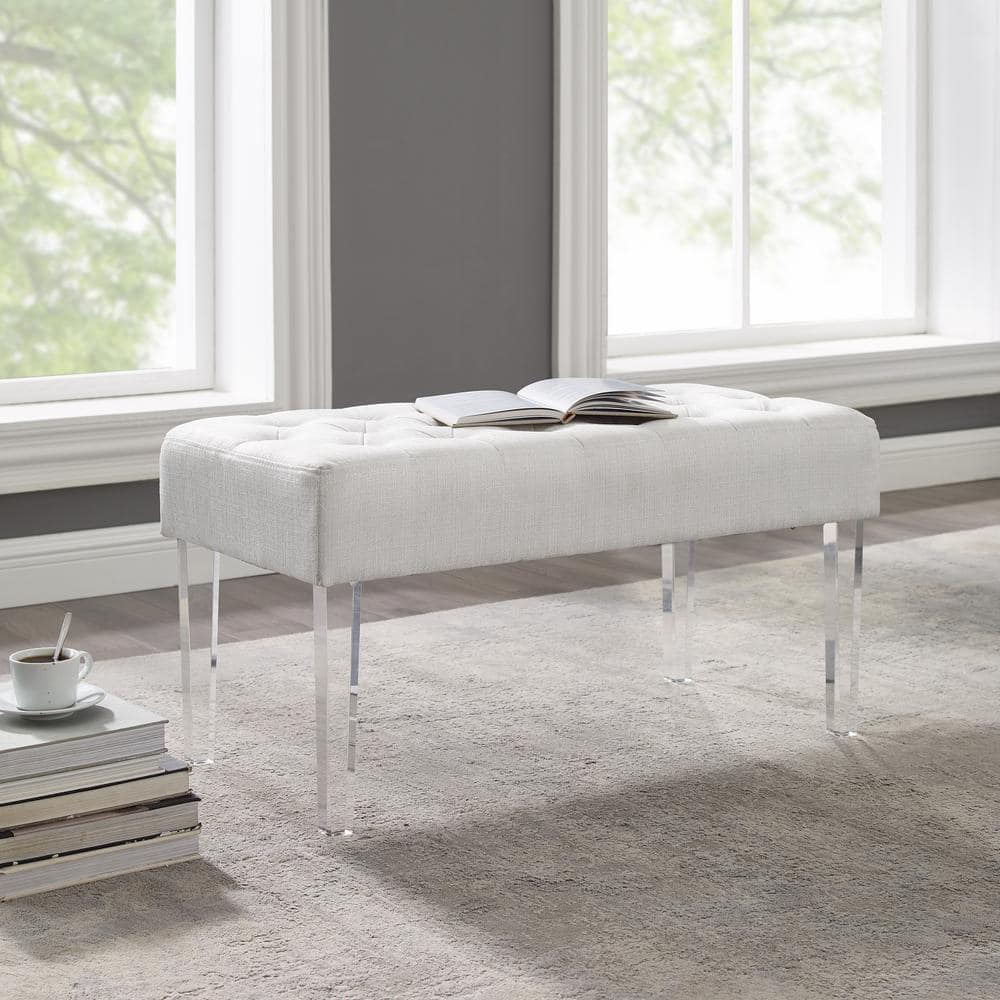 Ella White Tufted Linen Bench with Acrylic Legs