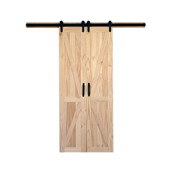 Unbranded 42 in. x 84 in. Board and Batten Stain Ready Solid Wood Split Barn Door with Hardware Kit