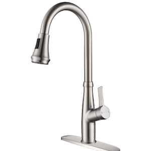 Single-Handle Pull-Down Sprayer Kitchen Faucet With Flexible House and Deck Plate in Brushed Nickel