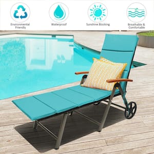 Folding Patio Rattan Lounge Chair with Turquoise Cushioned Aluminum Adjust Wheel