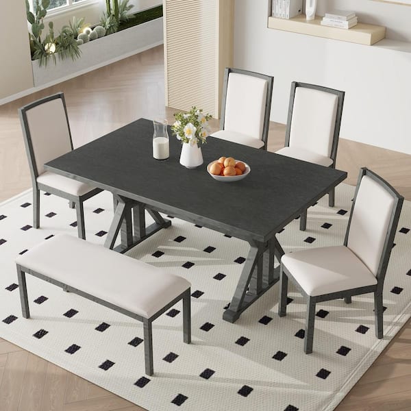 6-Piece Farmhouse Beige/Gray Wood Top Dining Room Set Seats 5