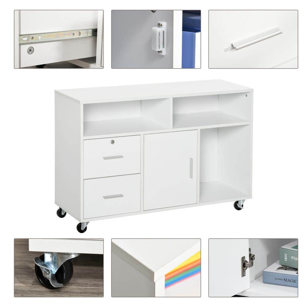 White Mobile Office Cabinet with Drawers and Shelves