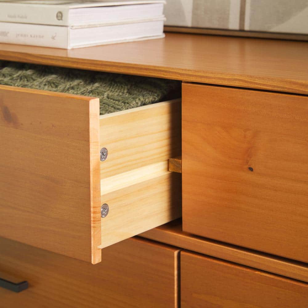 Caramel Solid Pine Wood 6-Drawer Dresser with Metal Handles